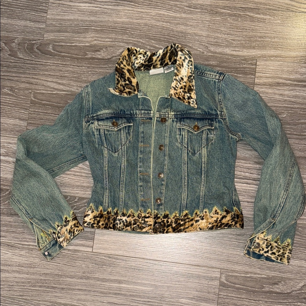 Vintage 90s Leopard Trim Denim Jacket